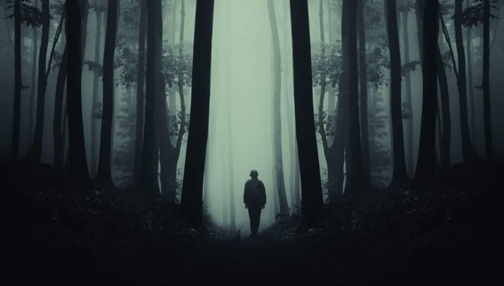 person walking in dark woods